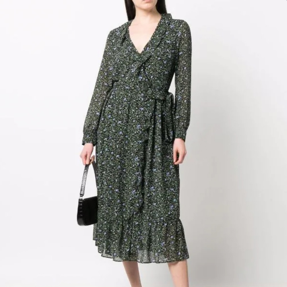 Michael Kors Black Midi Smock Dress w/ Green & Blue Floral Print, Ruffles, NWT!
